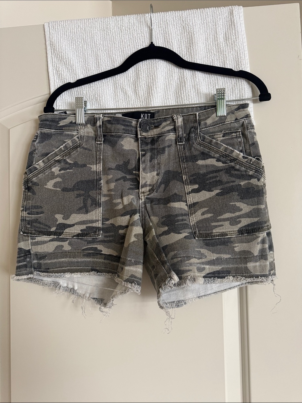 Kut from the Kloth Gray Camo Frayed Hem Utility Shorts